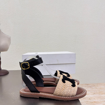 CELINE 25S TRIOMPHE SANDALS BEIGE RAFFIA BLACK WOOL