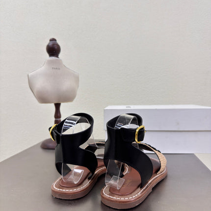 CELINE 25S TRIOMPHE SANDALS BEIGE RAFFIA BLACK WOOL