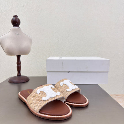 CELINE 25S LYMPIA MULE BEIGE RAFFIA WHITE WOOL LOGO