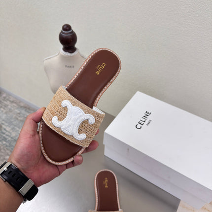 CELINE 25S LYMPIA MULE BEIGE RAFFIA WHITE WOOL LOGO