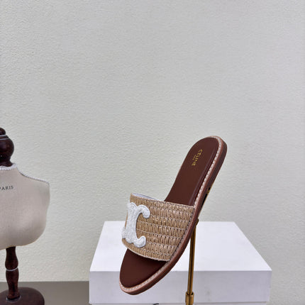 CELINE 25S LYMPIA MULE BEIGE RAFFIA WHITE WOOL LOGO