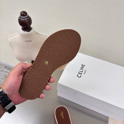 CELINE 25S LYMPIA MULE BEIGE RAFFIA WHITE WOOL LOGO