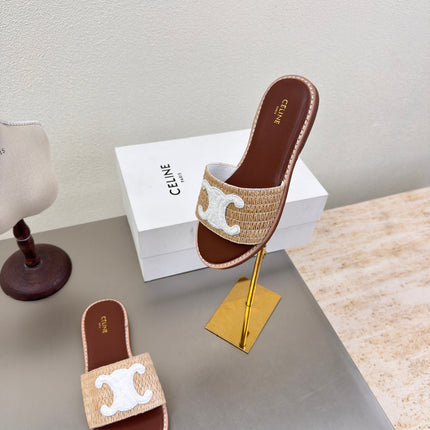 CELINE 25S LYMPIA MULE BEIGE RAFFIA WHITE WOOL LOGO