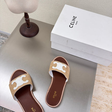 CELINE 25S LYMPIA MULE BEIGE RAFFIA WHITE WOOL LOGO