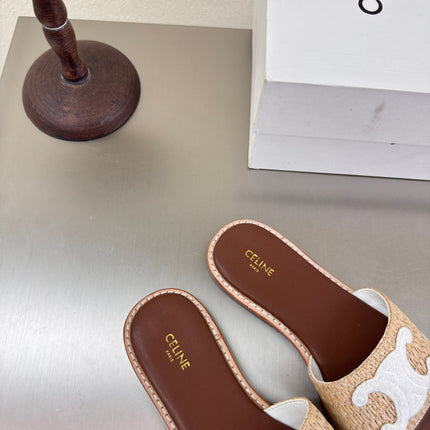 CELINE 25S LYMPIA MULE BEIGE RAFFIA WHITE WOOL LOGO