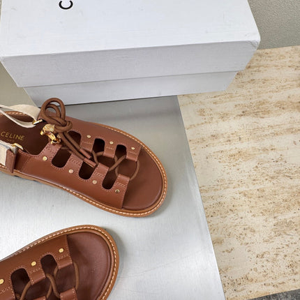 CELINE 25S BILLIE CHUNKY SANDAL IN BROWN CALFSKIN AND TEXTILE