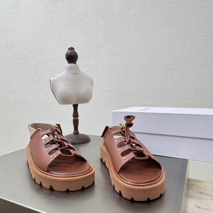 CELINE 25S BILLIE CHUNKY SANDAL IN BROWN CALFSKIN AND TEXTILE