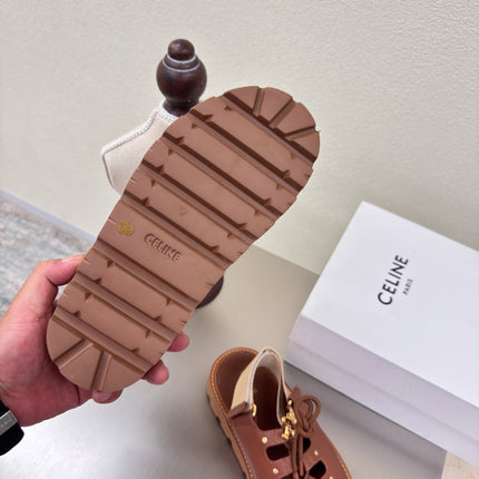 CELINE 25S BILLIE CHUNKY SANDAL IN BROWN CALFSKIN AND TEXTILE