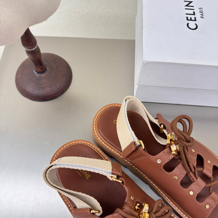 CELINE 25S BILLIE CHUNKY SANDAL IN BROWN CALFSKIN AND TEXTILE