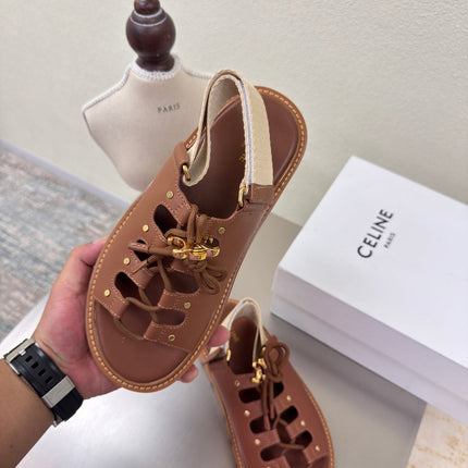 CELINE 25S BILLIE CHUNKY SANDAL IN BROWN CALFSKIN AND TEXTILE