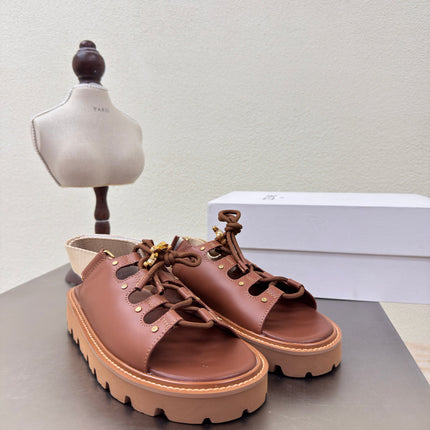 CELINE 25S BILLIE CHUNKY SANDAL IN BROWN CALFSKIN AND TEXTILE