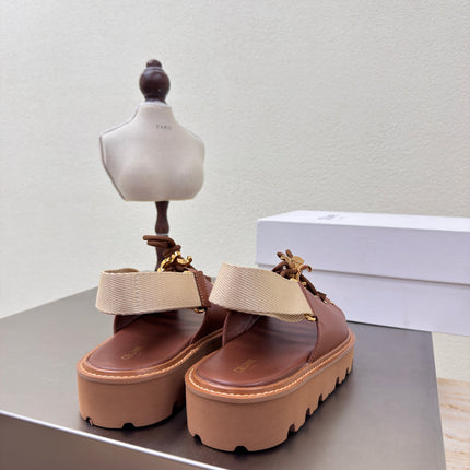 CELINE 25S BILLIE CHUNKY SANDAL IN BROWN CALFSKIN AND TEXTILE
