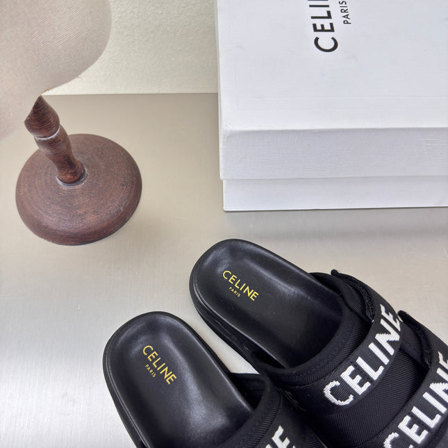 CELINE 25S FLAT SANDALS ARC DE TRIOMPHE IN BLACK CALFSKIN AND CANVAS