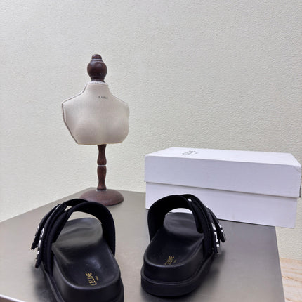 CELINE 25S FLAT SANDALS ARC DE TRIOMPHE IN BLACK CALFSKIN AND CANVAS