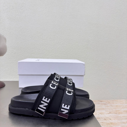 CELINE 25S FLAT SANDALS ARC DE TRIOMPHE IN BLACK CALFSKIN AND CANVAS