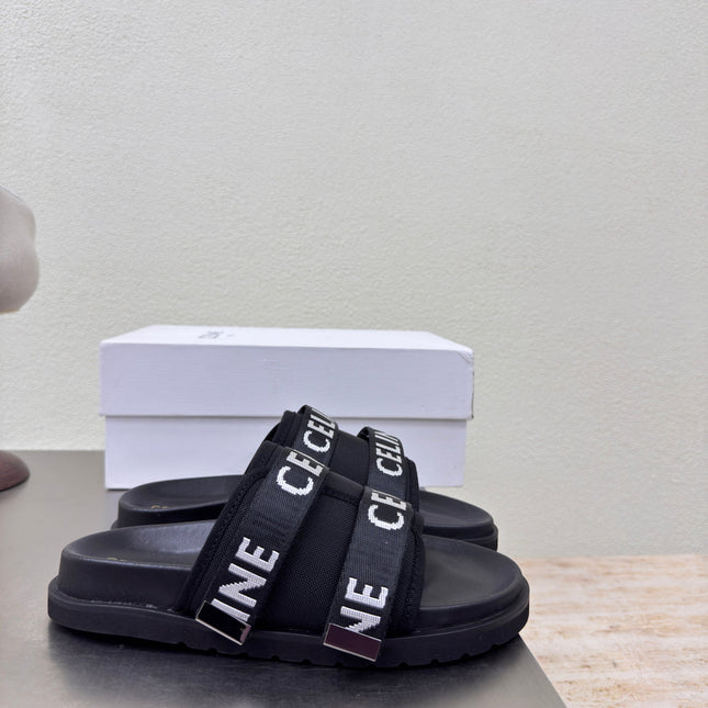 CELINE 25S FLAT SANDALS ARC DE TRIOMPHE IN BLACK CALFSKIN AND CANVAS