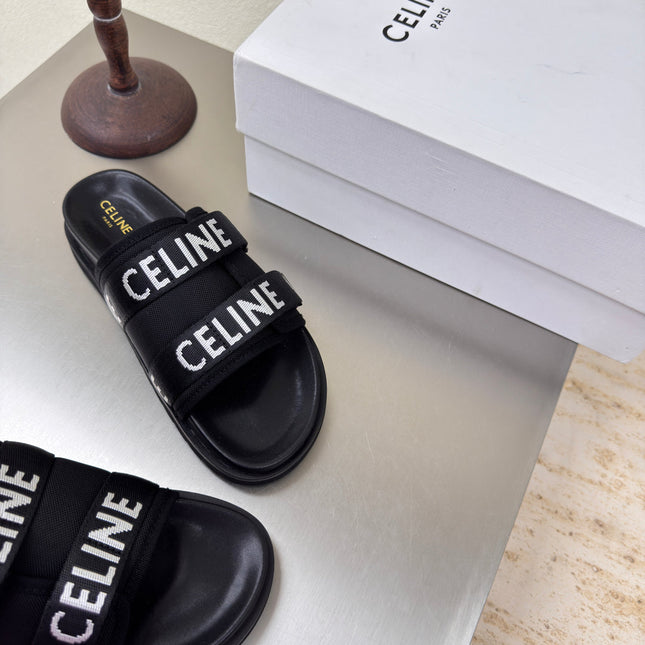 CELINE 25S FLAT SANDALS ARC DE TRIOMPHE IN BLACK CALFSKIN AND CANVAS