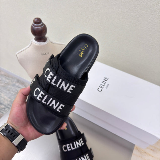 CELINE 25S FLAT SANDALS ARC DE TRIOMPHE IN BLACK CALFSKIN AND CANVAS