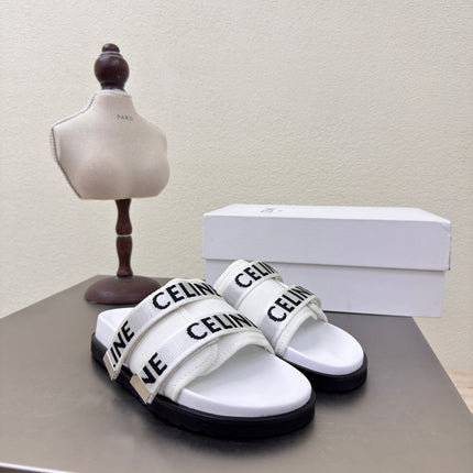 CELINE 25S FLAT SANDALS ARC DE TRIOMPHE IN WHITE CALFSKIN AND CANVAS
