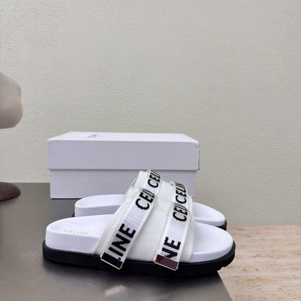 CELINE 25S FLAT SANDALS ARC DE TRIOMPHE IN WHITE CALFSKIN AND CANVAS