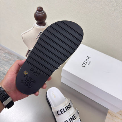 CELINE 25S FLAT SANDALS ARC DE TRIOMPHE IN WHITE CALFSKIN AND CANVAS