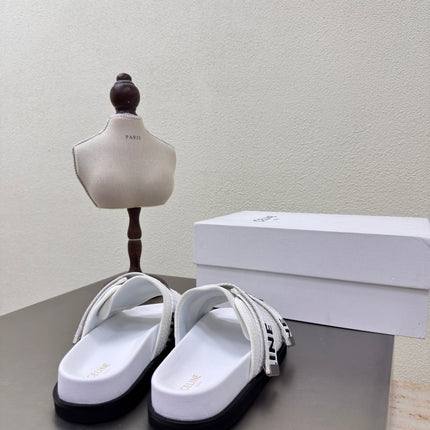 CELINE 25S FLAT SANDALS ARC DE TRIOMPHE IN WHITE CALFSKIN AND CANVAS