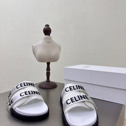 CELINE 25S FLAT SANDALS ARC DE TRIOMPHE IN WHITE CALFSKIN AND CANVAS