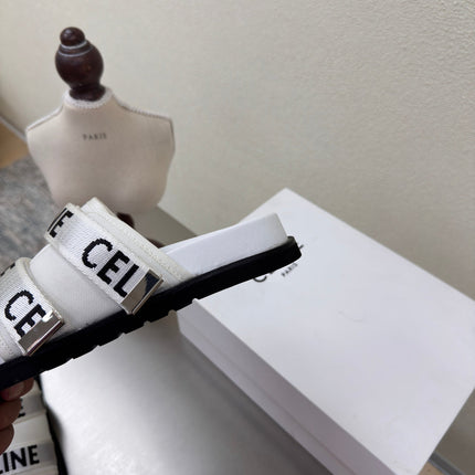 CELINE 25S FLAT SANDALS ARC DE TRIOMPHE IN WHITE CALFSKIN AND CANVAS