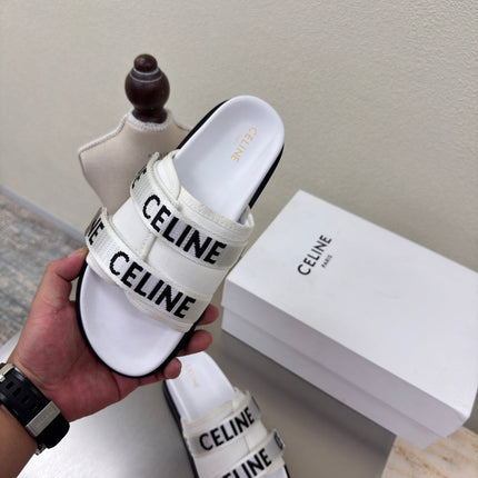 CELINE 25S FLAT SANDALS ARC DE TRIOMPHE IN WHITE CALFSKIN AND CANVAS