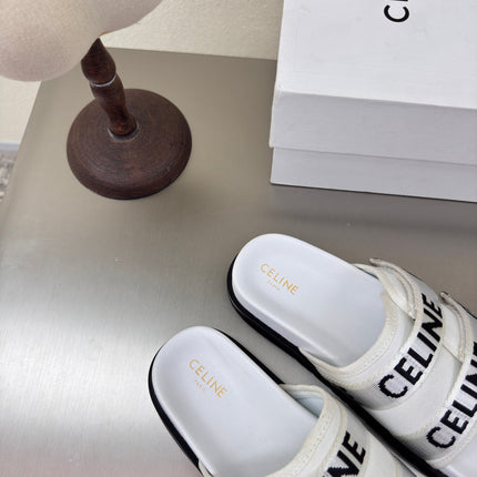 CELINE 25S FLAT SANDALS ARC DE TRIOMPHE IN WHITE CALFSKIN AND CANVAS