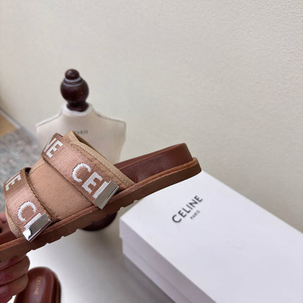 CELINE 25S FLAT SANDALS ARC DE TRIOMPHE IN BROWN CALFSKIN AND CANVAS