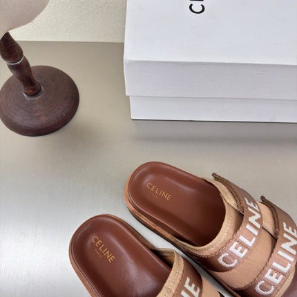 CELINE 25S FLAT SANDALS ARC DE TRIOMPHE IN BROWN CALFSKIN AND CANVAS