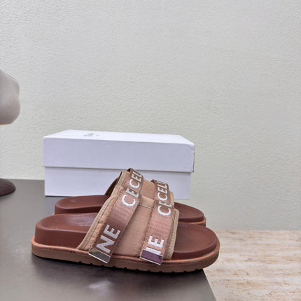 CELINE 25S FLAT SANDALS ARC DE TRIOMPHE IN BROWN CALFSKIN AND CANVAS