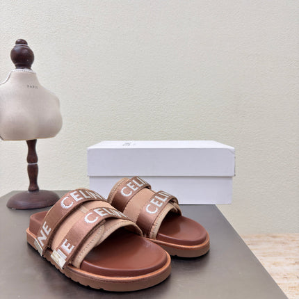 CELINE 25S FLAT SANDALS ARC DE TRIOMPHE IN BROWN CALFSKIN AND CANVAS