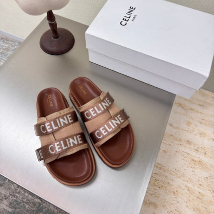 CELINE 25S FLAT SANDALS ARC DE TRIOMPHE IN BROWN CALFSKIN AND CANVAS