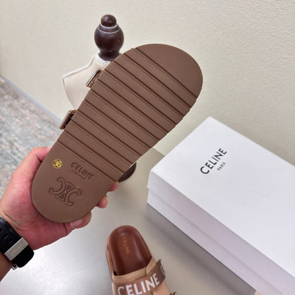 CELINE 25S FLAT SANDALS ARC DE TRIOMPHE IN BROWN CALFSKIN AND CANVAS