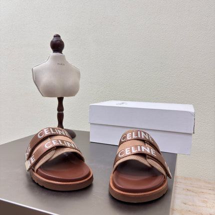 CELINE 25S FLAT SANDALS ARC DE TRIOMPHE IN BROWN CALFSKIN AND CANVAS