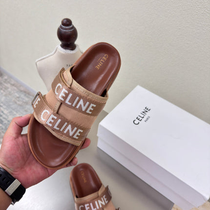 CELINE 25S FLAT SANDALS ARC DE TRIOMPHE IN BROWN CALFSKIN AND CANVAS