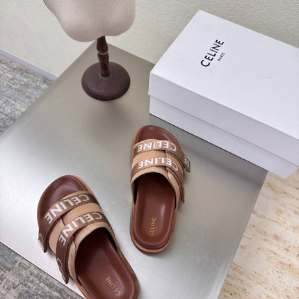 CELINE 25S FLAT SANDALS ARC DE TRIOMPHE IN BROWN CALFSKIN AND CANVAS