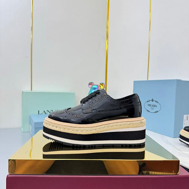 PRADA 25S FLAT WEDGE SHOES 60MM IN BLACK GLOSSY CALFSKIN