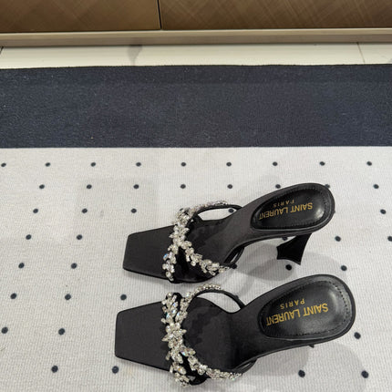 HIGH RHINESTONE CROSS STRAP MULES IN BLACK SILK