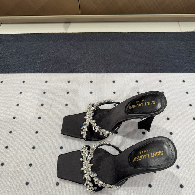 HIGH RHINESTONE CROSS STRAP MULES IN BLACK SILK