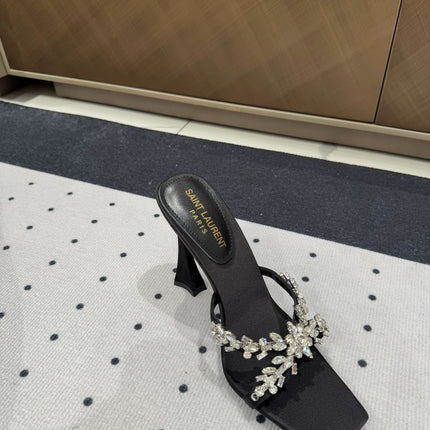 HIGH RHINESTONE CROSS STRAP MULES IN BLACK SILK