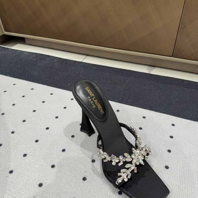 HIGH RHINESTONE CROSS STRAP MULES IN BLACK SILK