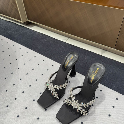 HIGH RHINESTONE CROSS STRAP MULES IN BLACK SILK