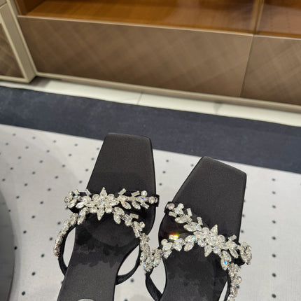 HIGH RHINESTONE CROSS STRAP MULES IN BLACK SILK