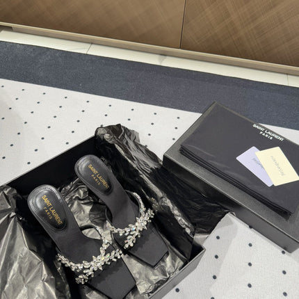 HIGH RHINESTONE CROSS STRAP MULES IN BLACK SILK