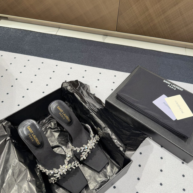 HIGH RHINESTONE CROSS STRAP MULES IN BLACK SILK