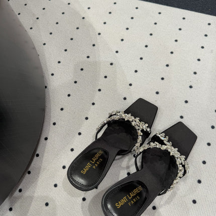 HIGH RHINESTONE CROSS STRAP MULES IN BLACK SILK