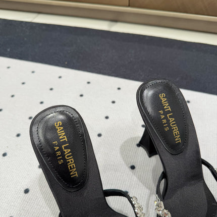 HIGH RHINESTONE CROSS STRAP MULES IN BLACK SILK